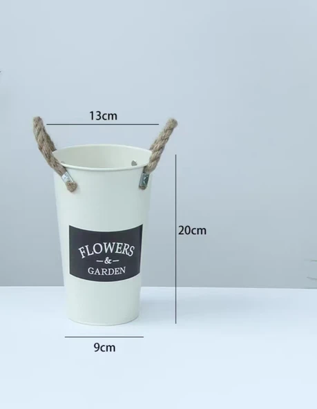 Retro Demir Saksı - Krem Beyaz Etiketli - 20cm