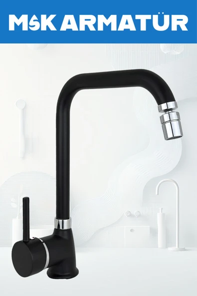 Siyah Krom Armut Köşe Oynar Başlıklı Eviye Bataryası Çeşmesi ürün görseli 1