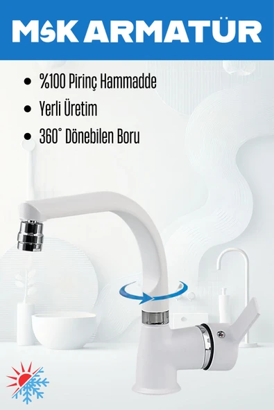 Beyaz Balık Sırtı Delta Lavabo Bataryası Oynar Başlıklı Çift Su Girişli Lavabo Musluğu Çeşme - Resim 3