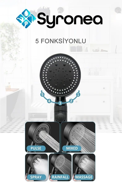 Mat Siyah 3'Lü Banyo Duş Seti 5 Fonksiyonlu Örgülü Hortumlu Tutacaklı Set - 2