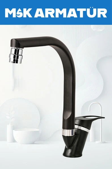 Siyah Krom Balıktırtı Oynar Başlıklı Eviye Bataryası Çeşmesi ürün görseli 1