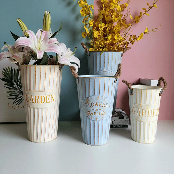 Retro Demir Saksı - Beyaz Kendir Halatlı Etiketli - 25cm - 8