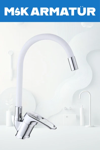 Krom Beyaz Oynar Borulu Eviye Lavabo Bataryası Çeşmesi