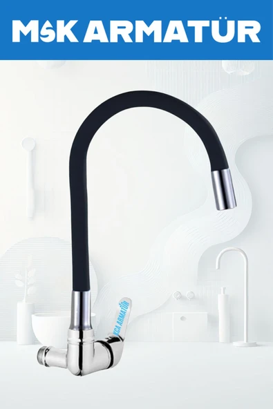 Duvardan Tek Su Çıkışlı Siyah Oynar Düz Borulu Eviye Lavabo Bataryası ürün görseli 1