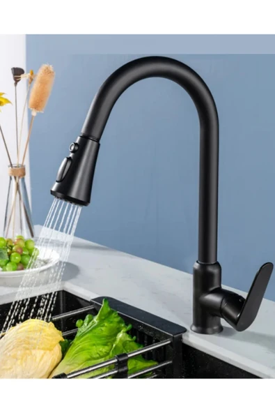 Siyah Spiralli Mutfak Evye Bataryası Çift Modlu Tasaruf Fonksiyonlu Mat Siyah Uzatmalı Eviye Musluk ürün görseli 1