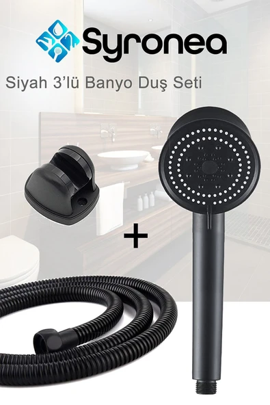 Mat Siyah 3'Lü Banyo Duş Seti 5 Fonksiyonlu Örgülü Hortumlu Tutacaklı Set - 1