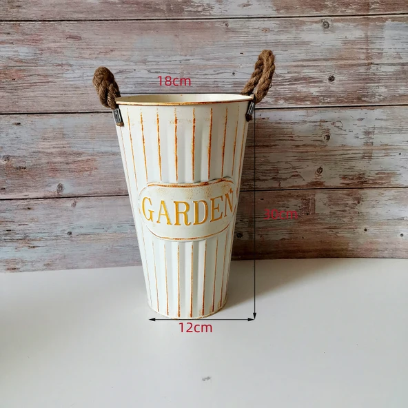 Retro Demir Saksı - Retro Beyaz Kendir Halatlı - 30cm