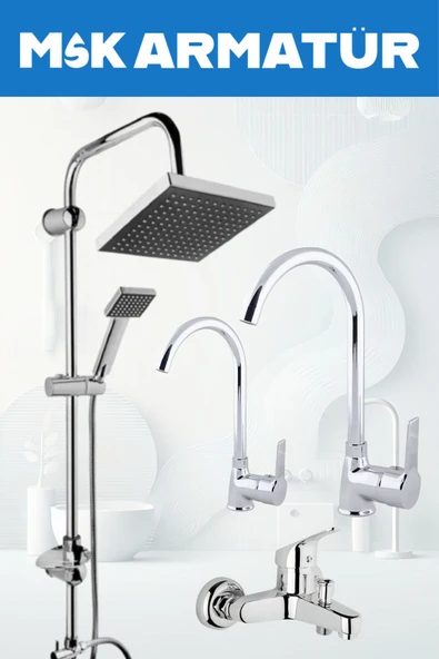 Krom Siyah Tepe Yağmurlama, Krom Delta Banyo-Mutfak-Lavabo Bataryası Musluğu Çeşmesi 4'Lü Set