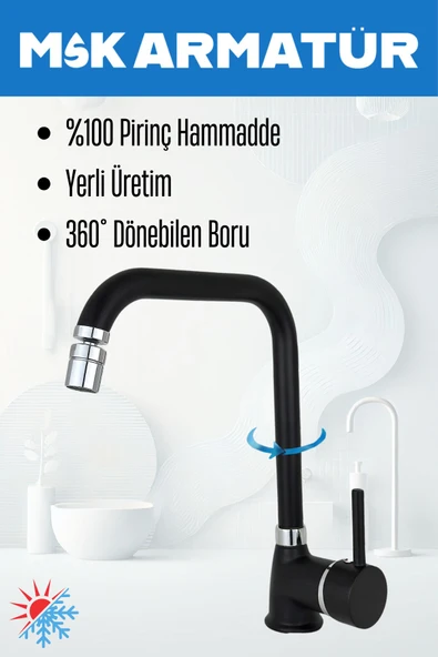 Siyah Krom Armut Köşe Oynar Başlıklı Eviye Bataryası Çeşmesi - Resim 3