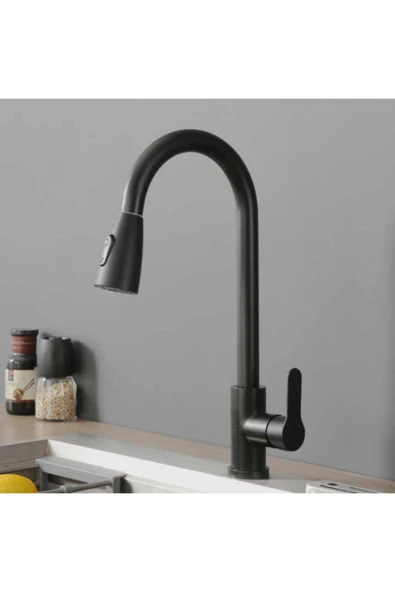 Siyah Mat Oynar Başlıklı Fonksiyonlu Spiralli Eviye Mutfak Lavabo Batarya Pirinç Malzeme - Resim 4