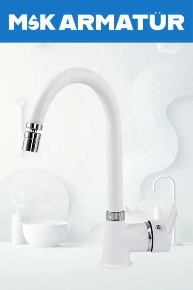 Beyaz Krom Oynar Başlıklı Baston Eviye Bataryası Çeşmesi ürün görseli 1