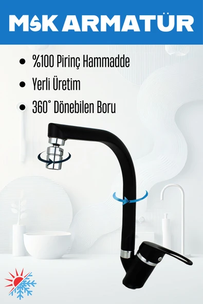 Siyah Krom Balıktırtı Oynar Başlıklı Eviye Bataryası Çeşmesi - Resim 4