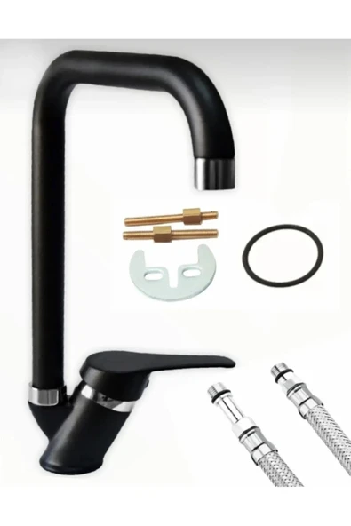 Siyah Köşe Boru Mix Mutfak Evye Bataryası 5 Yıl Garanti Musluk - Resim 4