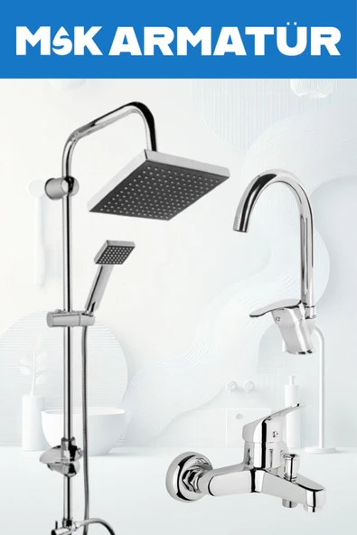 Krom Robot Duş Baston Lavabo Banyo 3 Lü Set