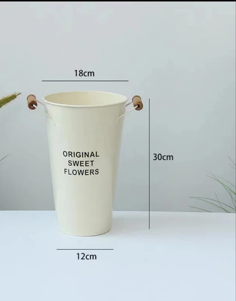 Retro Demir Saksı - Krem Beyaz Ahşap Saplı - 30cm