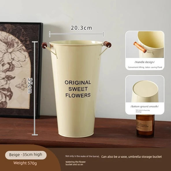 İskandinav Yaratıcı Demir Çiçek Kovası Vazo - Bej Ahşap Desenli - 35cm