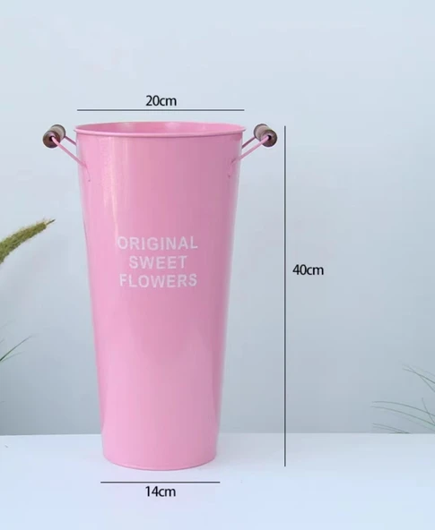 Retro Demir Saksı - Pembe Ahşap Saplı - 40cm