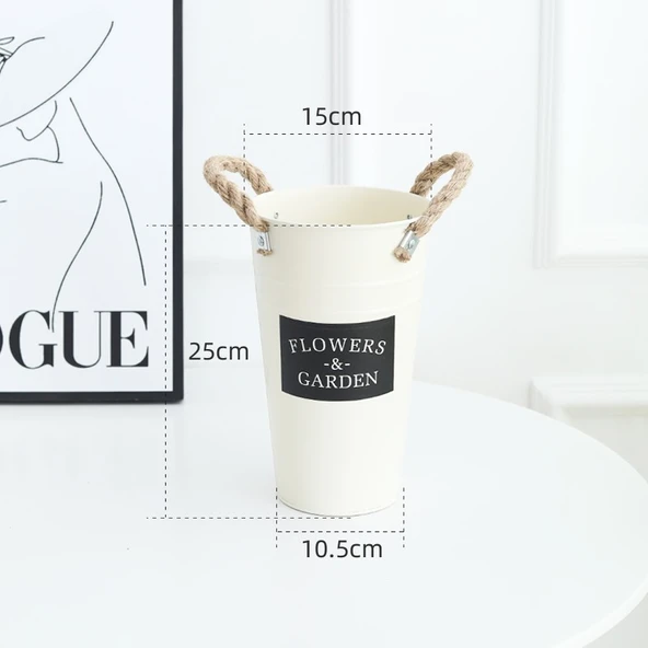 Krem Beyazı Siyah Etiketli Halatlı Saksı - 25cm