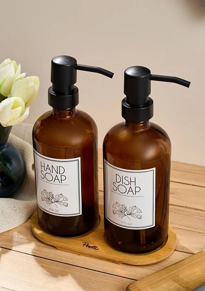 Lozione 2’li Mutfak Sıvı Sabunluk Seti - Bambu Stantlı Sıvı Sabunluk Takımı - 2x500 ML, Siyah Amber - Resim 2