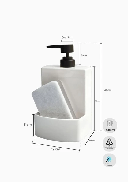 Barton Sıvı Sabunluk - Sünger Hazneli Mutfak Sabunluğu - 540 ML, Beyaz - 6