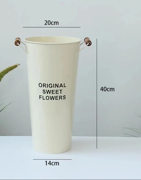 Retro Demir Saksı - Krem Beyaz Ahşap Saplı - 40cm