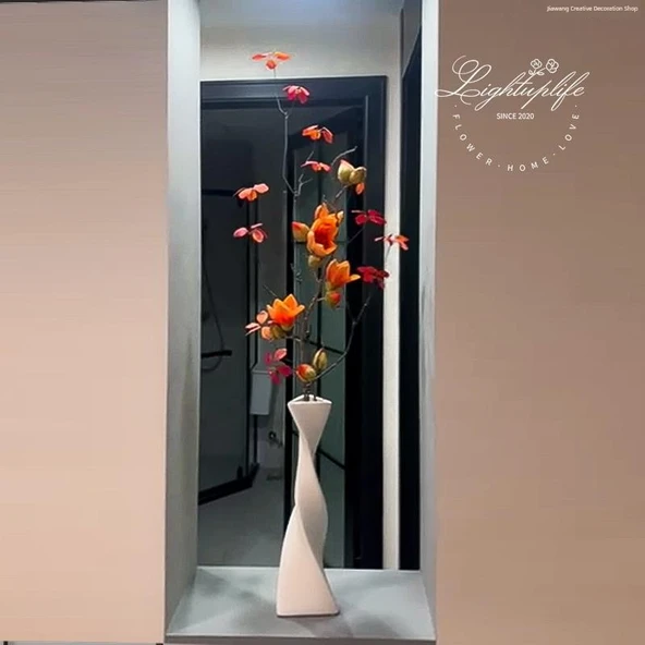 Seramik Vazo ve Yapay Çiçek Aranjmanı - Beyaz Vazo (40cm) + Yapay Çiçekler (100cm)