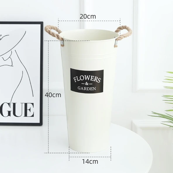Krem Beyazı Siyah Etiketli Halatlı Saksı - 40cm