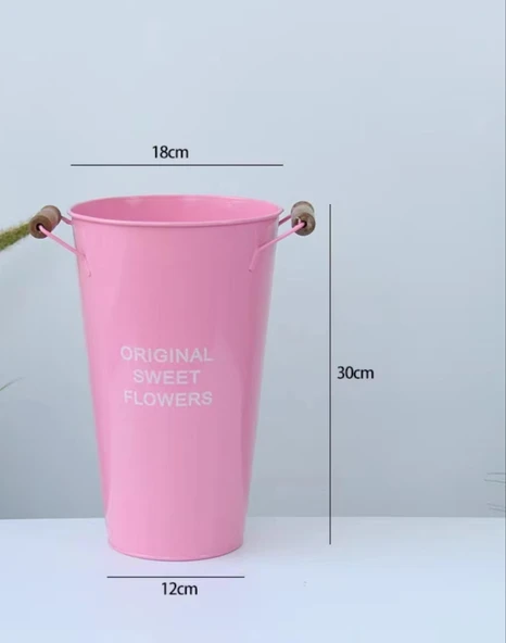 Retro Demir Saksı - Pembe Ahşap Saplı - 30cm