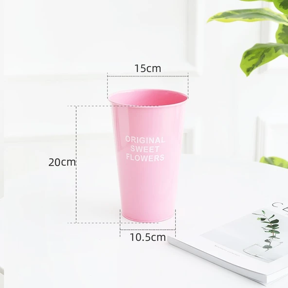 Pembe Çiçek Kovası - Sap Yok - Yüksek - 20cm