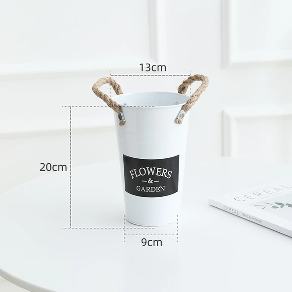 Parlak Beyaz Siyah Etiketli Halatlı Saksı - 20cm