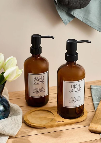 Lozione 2’li Mutfak Sıvı Sabunluk Seti - Bambu Stantlı Sıvı Sabunluk Takımı - 2x500 ML, Siyah Amber - Resim 4