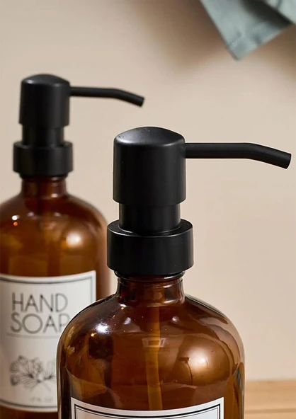 Lozione 2’li Mutfak Sıvı Sabunluk Seti - Bambu Stantlı Sıvı Sabunluk Takımı - 2x500 ML, Siyah Amber - Resim 3