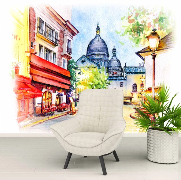 Sulu Boya Sokak Camii Çizim Manzaralı Duvar Kağıdı Baskı - Resim 5