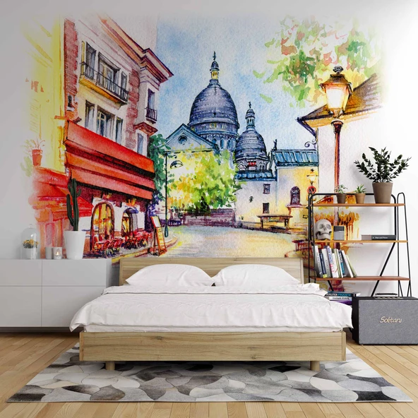 Sulu Boya Sokak Camii Çizim Manzaralı Duvar Kağıdı Baskı - Resim 2