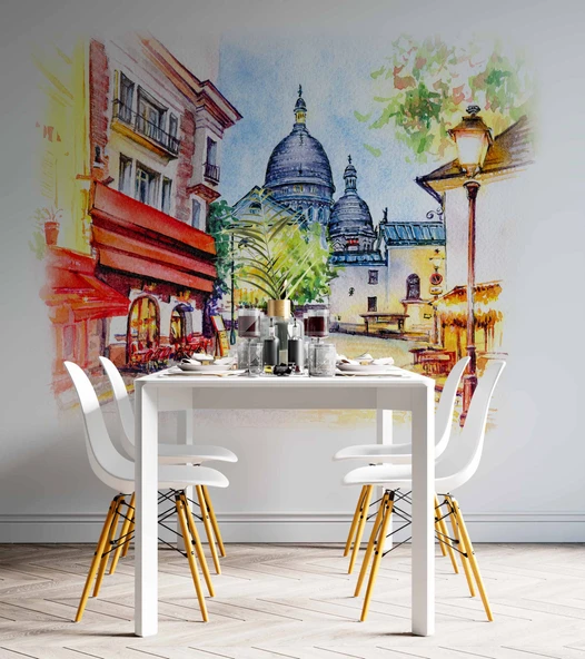 Sulu Boya Sokak Camii Çizim Manzaralı Duvar Kağıdı Baskı - Resim 4