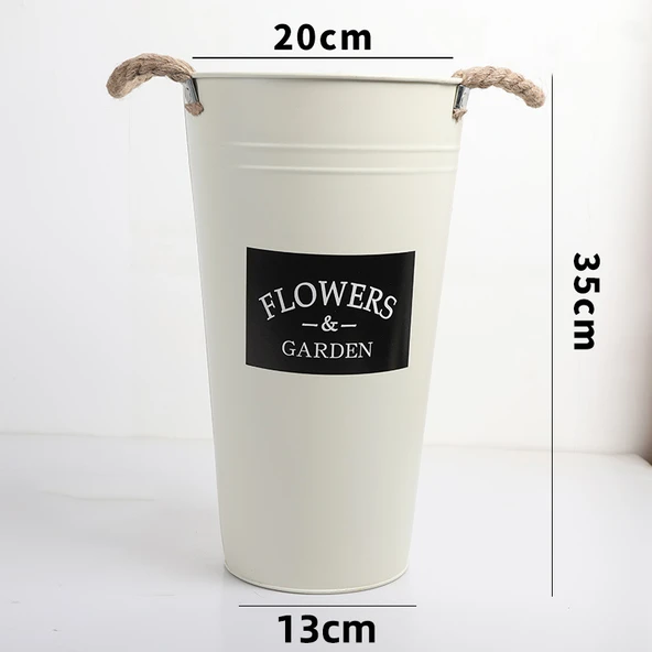 Retro Demir Sanatı Dekoratif Çiçek Kovası - Siyah Etiket Krem Beyaz 35cm