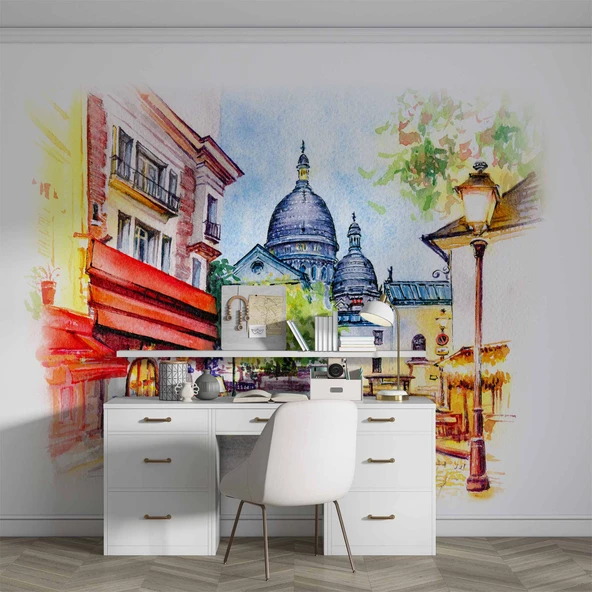 Sulu Boya Sokak Camii Çizim Manzaralı Duvar Kağıdı Baskı - Resim 3