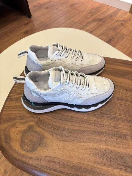 1091 BEYAZ PARAŞÜT NUBUK DETAY HAKİKİ DERİ ERKEK SNEAKERS - ERKEK SPOR AYAKKABI