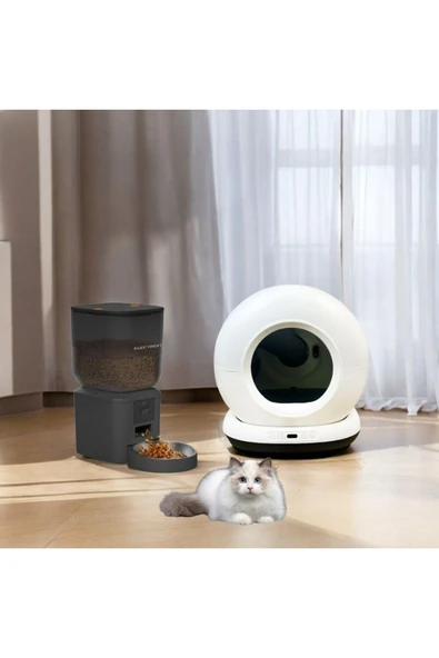 Electron  Akıllı Otomatik Kedi Yaşam Seti 2'li Set- Akıllı Otomatik Kedi Tuvaleti,Otomatik Mama Kabı