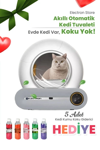 Electron  Akıllı Otomatik Kedi Yaşam Seti 2’li Set – Otomatik Kedi Tuvaleti, 5’li Koku Giderici Granül
