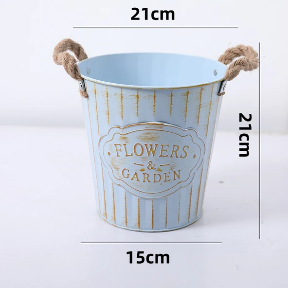 Retro Demir Sanatı Dekoratif Çiçek Kovası - Açık Mavi (Kısa 21cm Saksı)
