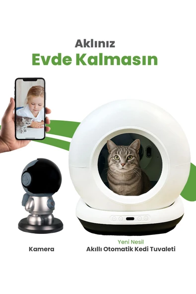 Electron  Akıllı Otomatik Kedi Yaşam Seti 2’li Set – 75 L Otomatik Kedi Tuvaleti, Wi-Fi Kameralı Takip Sistemi