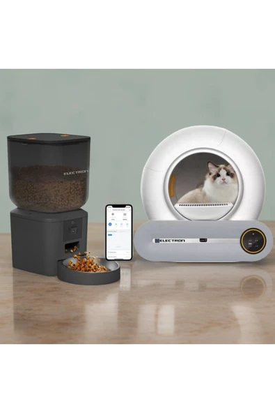 Electron  Akıllı Otomatik Kedi Yaşam Seti 2'li Set- Akıllı Otomatik Kedi Tuvaleti,Otomatik Mama Kabı