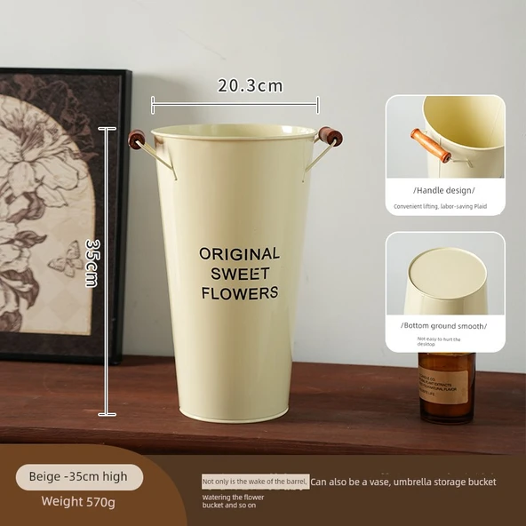 İskandinav Demir Çiçek Kovası - Bej Ahşap Saplı - 35cm