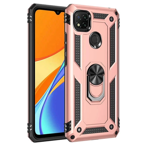 Gpack Xiaomi Redmi 9C Kılıf Tank Koruma Vega Standlı Yüzüklü MıknatıslıNano Glass