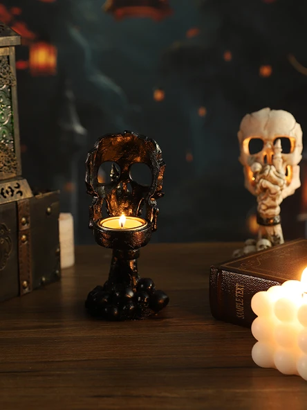 Gotik İskelet Aromaterapi Mumluk - Siyah Sihirli Kedi Tasarımlı (Tea Wax Hariç) - 3
