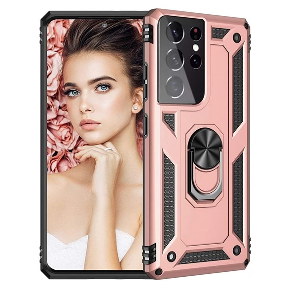 Gpack Samsung Galaxy S21 Ultra 5G Kılıf Tank Koruma Vega Standlı Yüzüklü Mıknatıslı