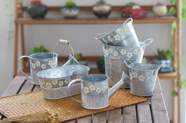 Retro Demir Sac Saksı - Büyük Yuvarlak Model - 8