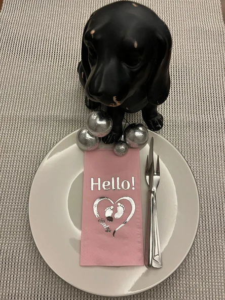 Gümüş Yaldızlı Pembe hello Baby Ayaklı Peçete 16 Adet