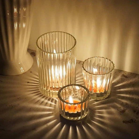 Çizgili Cam Aromaterapi Mumluk - Tealight Mum Kabı - 5435 Yeşil - 3